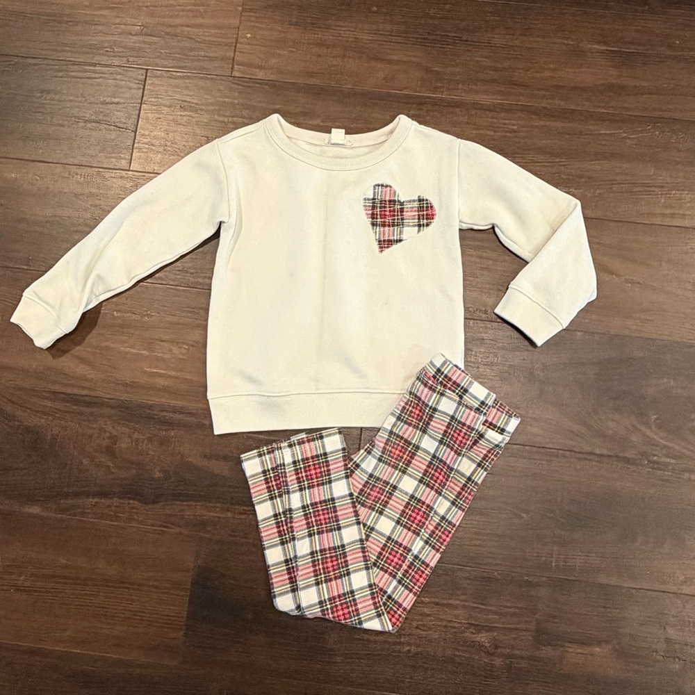 Crewcuts Plaid Set Girls XS 5 Leggings Sweatshirt Heart Preppy
